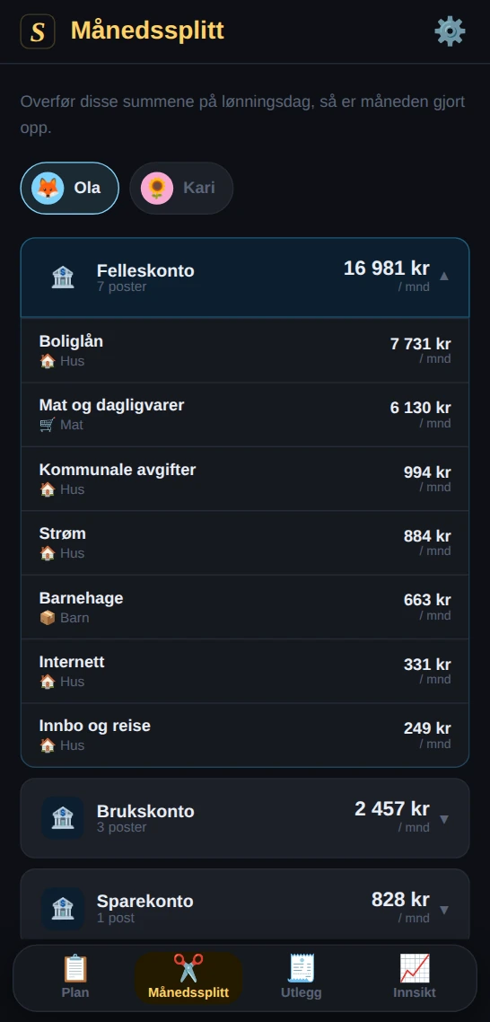 Månedssplitt i Splitt-appen: én sum per konto å overføre på lønningsdag